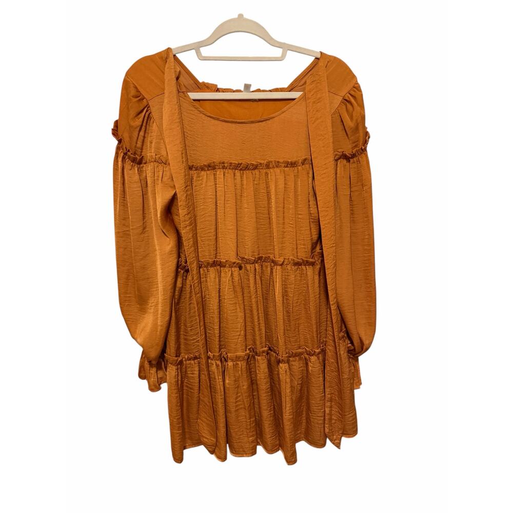 Glam Women’s Small Mustard Orange Long Sleeve Round Neck Ruffled Midi Dress - Picture 3 of 13